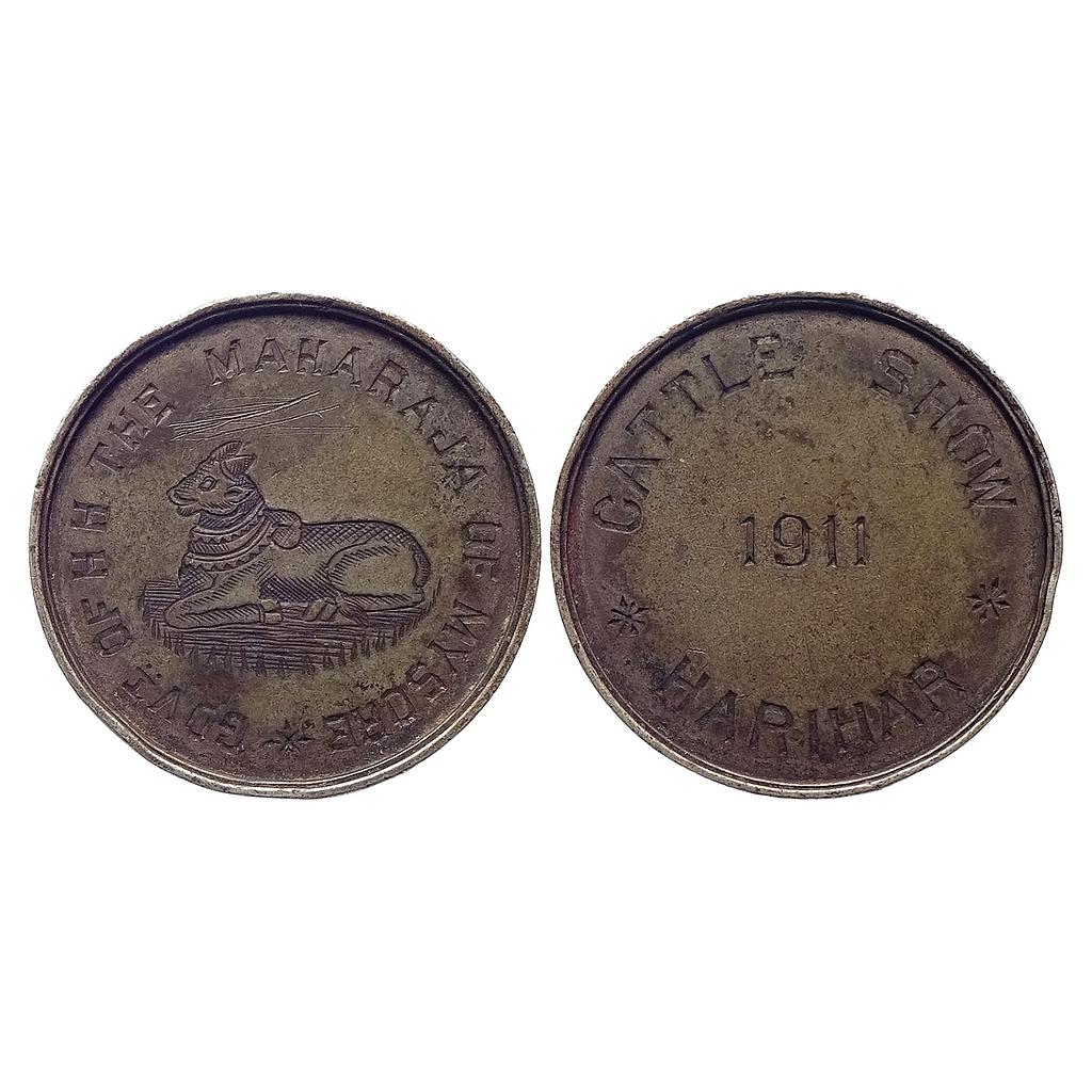 Mysore State Krishnaraja Wadiyar IV Cattle show Harihar 1911 AD Silver Token