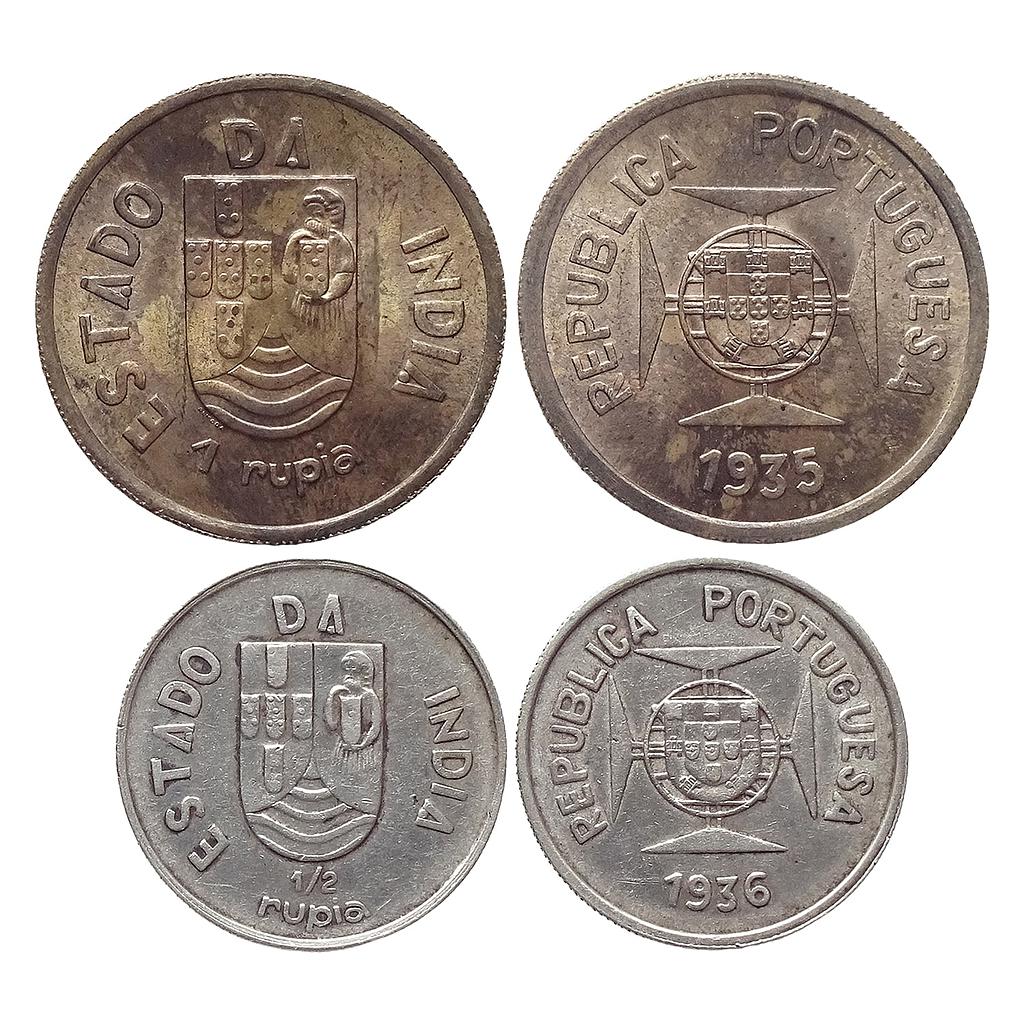 Indo Portuguese 1935 AD 1936 AD Set of 2 Coins Silver Rupia &amp; 1/2 Rupia
