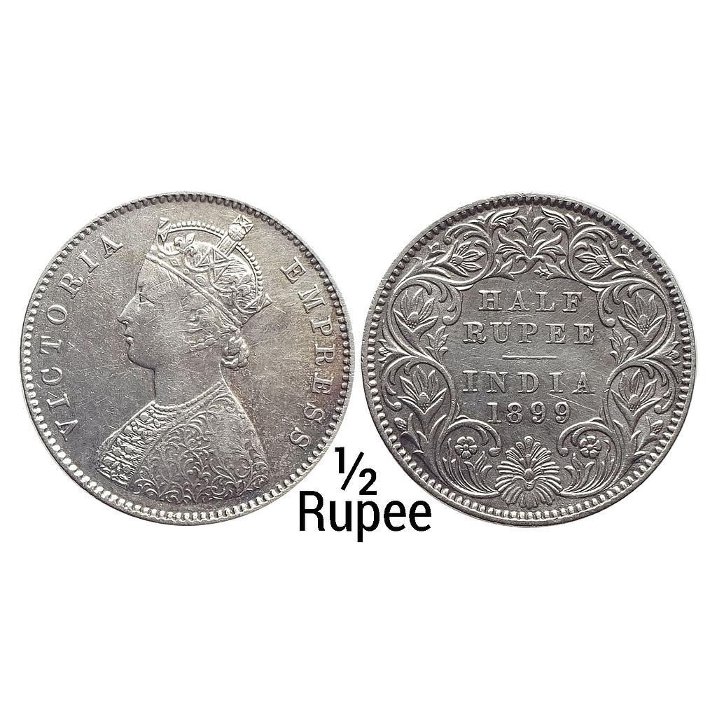 British India Victoria Empress 1899 AD Calcutta Mint Obv. A Rev. I &quot;C&quot; Incuse Silver 1/2 Rupee