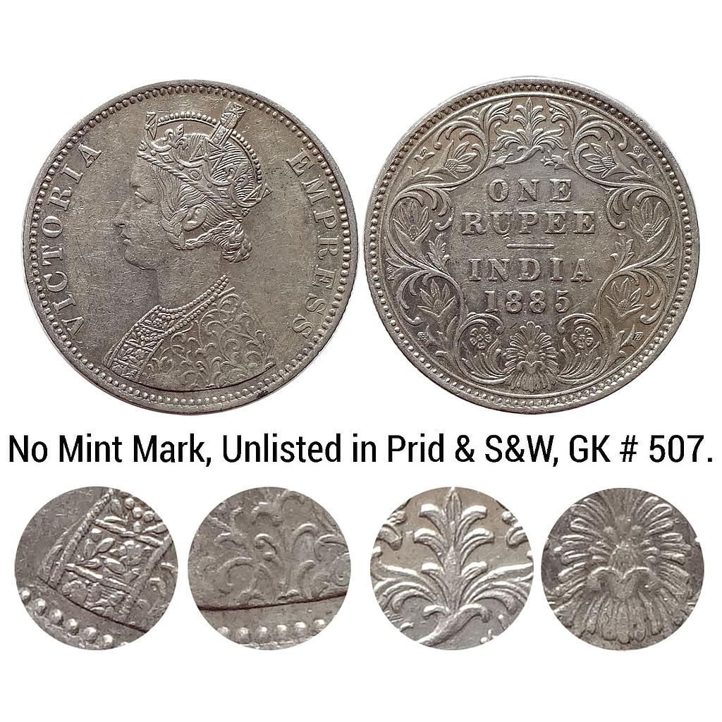 British India Victoria Empress 1885 AD C2 / I / No Mint Mark Silver Rupee