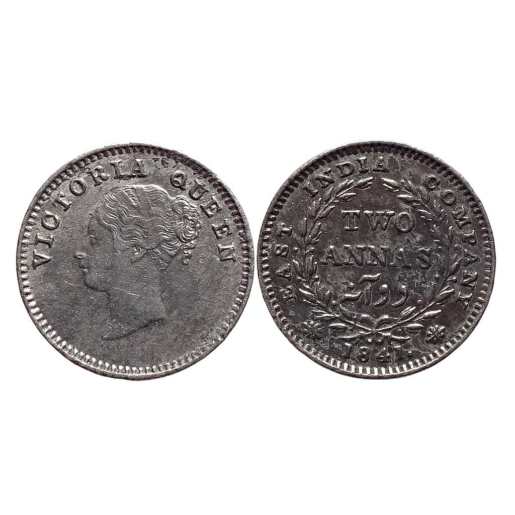 EIC Uniform Coinage Victoria Queen 1841 AD Madras Mint Continuous Legend S incuse and V raised 16 Berries (8L+8R) Silver 2 Annas