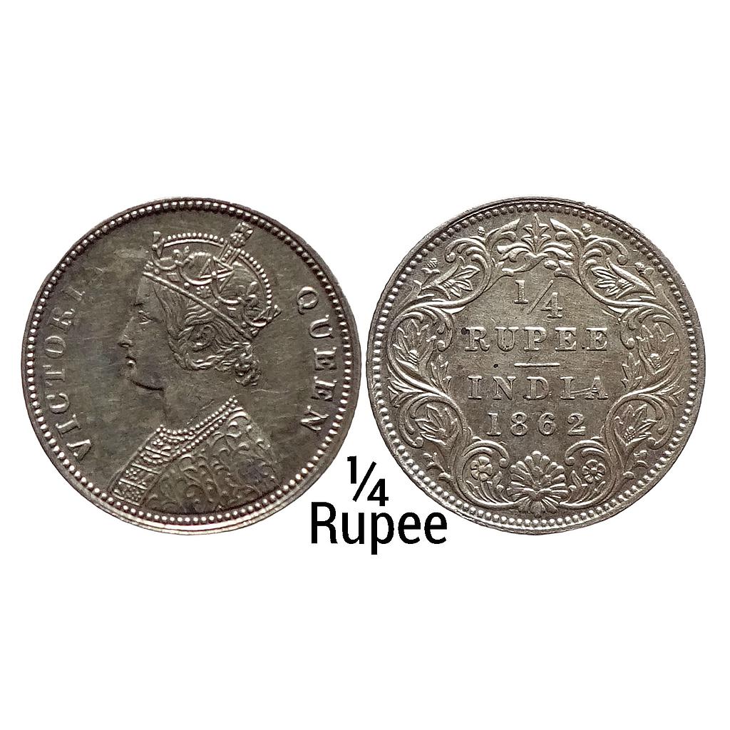 British India Victoria Queen 1862 AD Calcutta Mint A / I No mint mark Silver 1/4 Rupee
