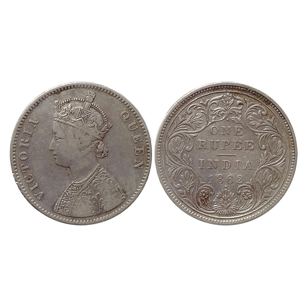 British India Victoria Queen 1862 AD A / II / 1 / 1 Bombay Mint Silver Rupee