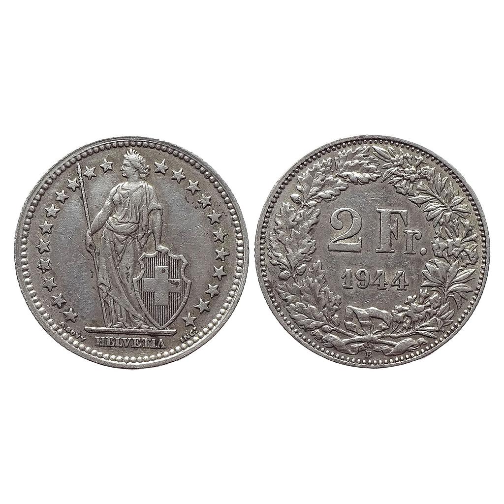 Switzerland Helvetia 1944 AD Silver .835 16.5% copper 2 Francs