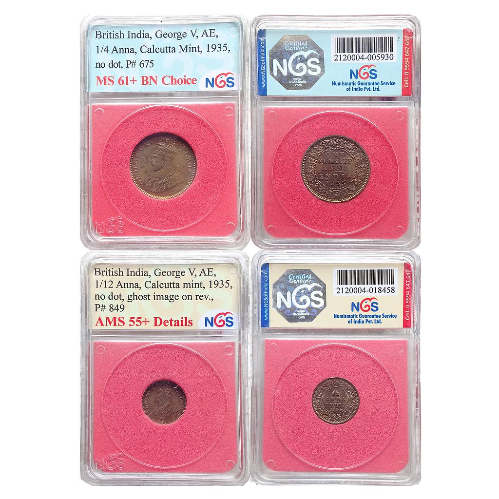 British India George V 1935 AD Calcutta Mint Set of 2 Coins Copper 1/4 Anna 1/12 Anna