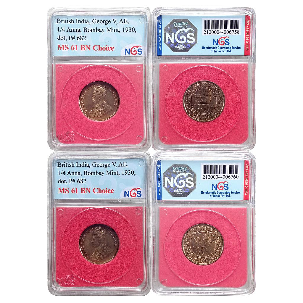 British India George V 1930 AD dot Bombay Mint Set of 2 Coins Copper 1/4 Anna