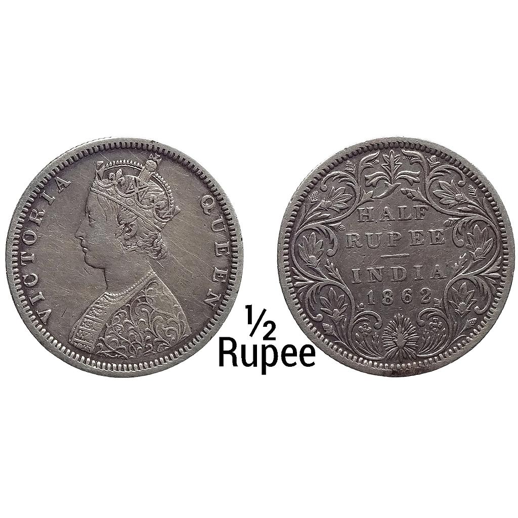 British India Victoria Queen 1862 AD B2 / II Elongated pearls in the crown  Madras Mint Silver 1/2 Rupee