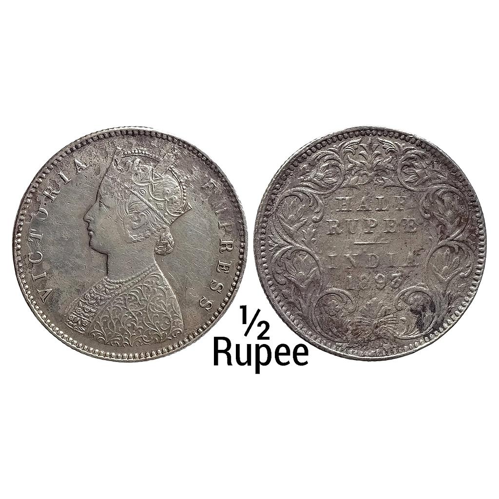 British India Victoria Empress 1893 AD Obv. A Rev. I C incuse Calcutta Mint Silver 1/2 Rupee