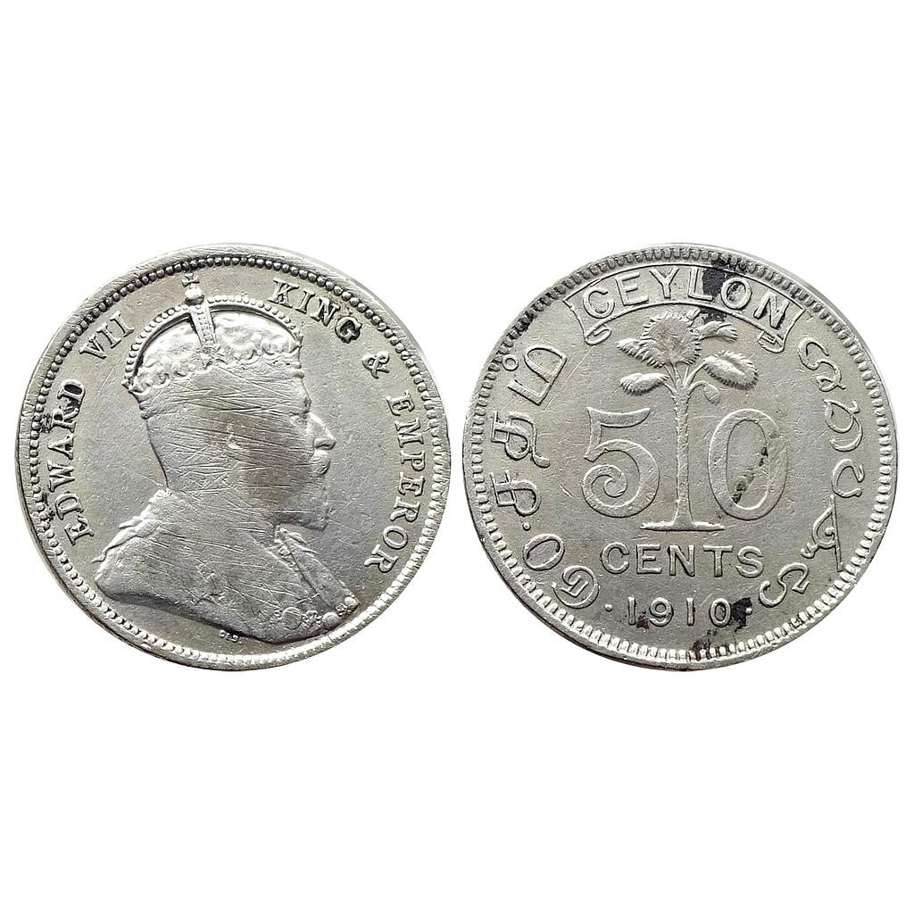 British Ceylon Edward VII 1910 AD Silver .800 50 Cents