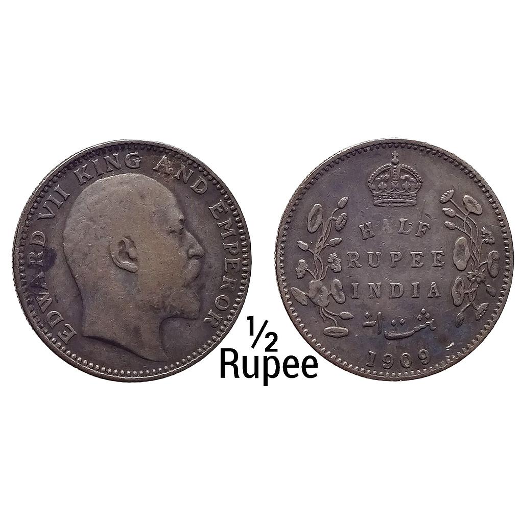 British India Edward VII 1909 AD No mint mark Calcutta Mint Silver 1/2 Rupee
