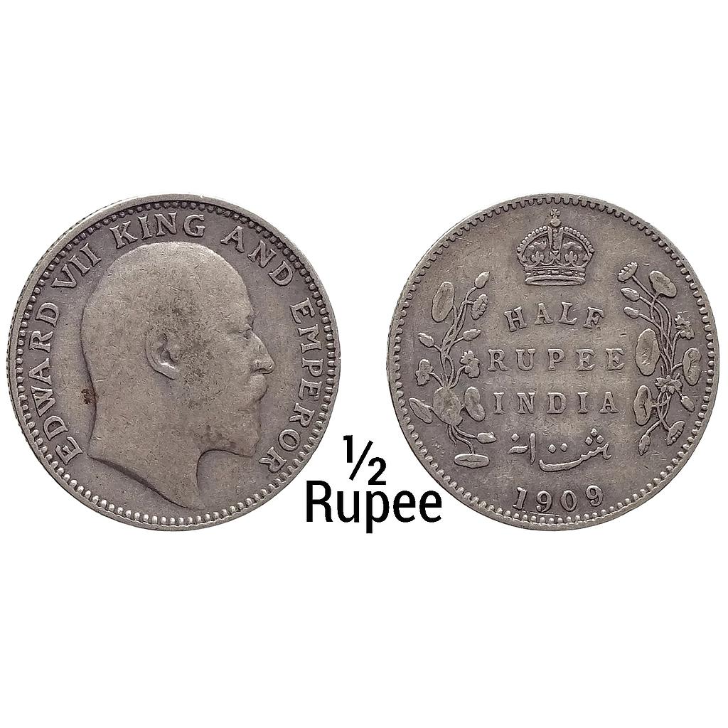 British India Edward VII 1909 AD No mint mark Calcutta Mint Silver 1/2 Rupee