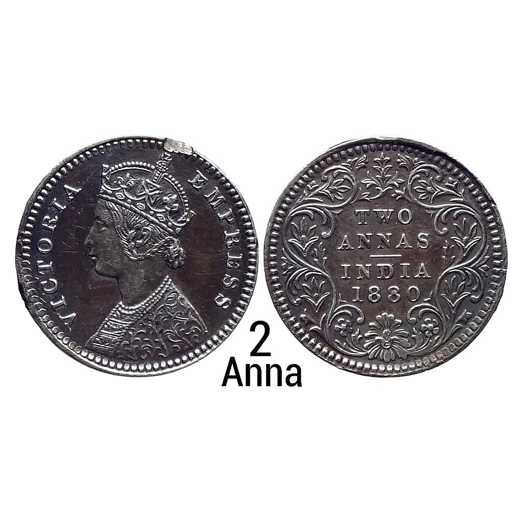 British India Victoria Empress 1880 AD  Calcutta Mint B II C incuse Silver 2 Annas