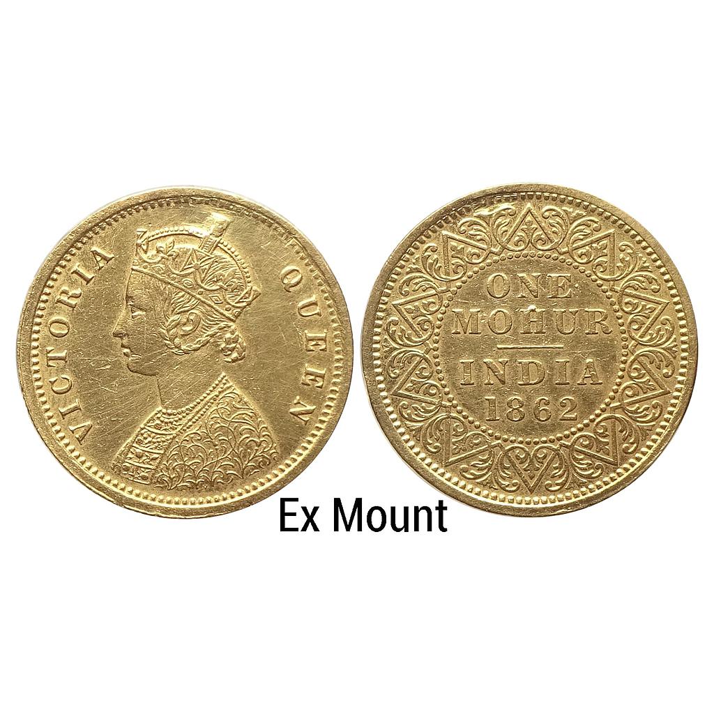 British India Victoria Queen 1862 AD Calcutta Mint two flowers in bottom panel of jabot V in relief Gold Mohur Ex Mount &amp; Loop Repair overall fine