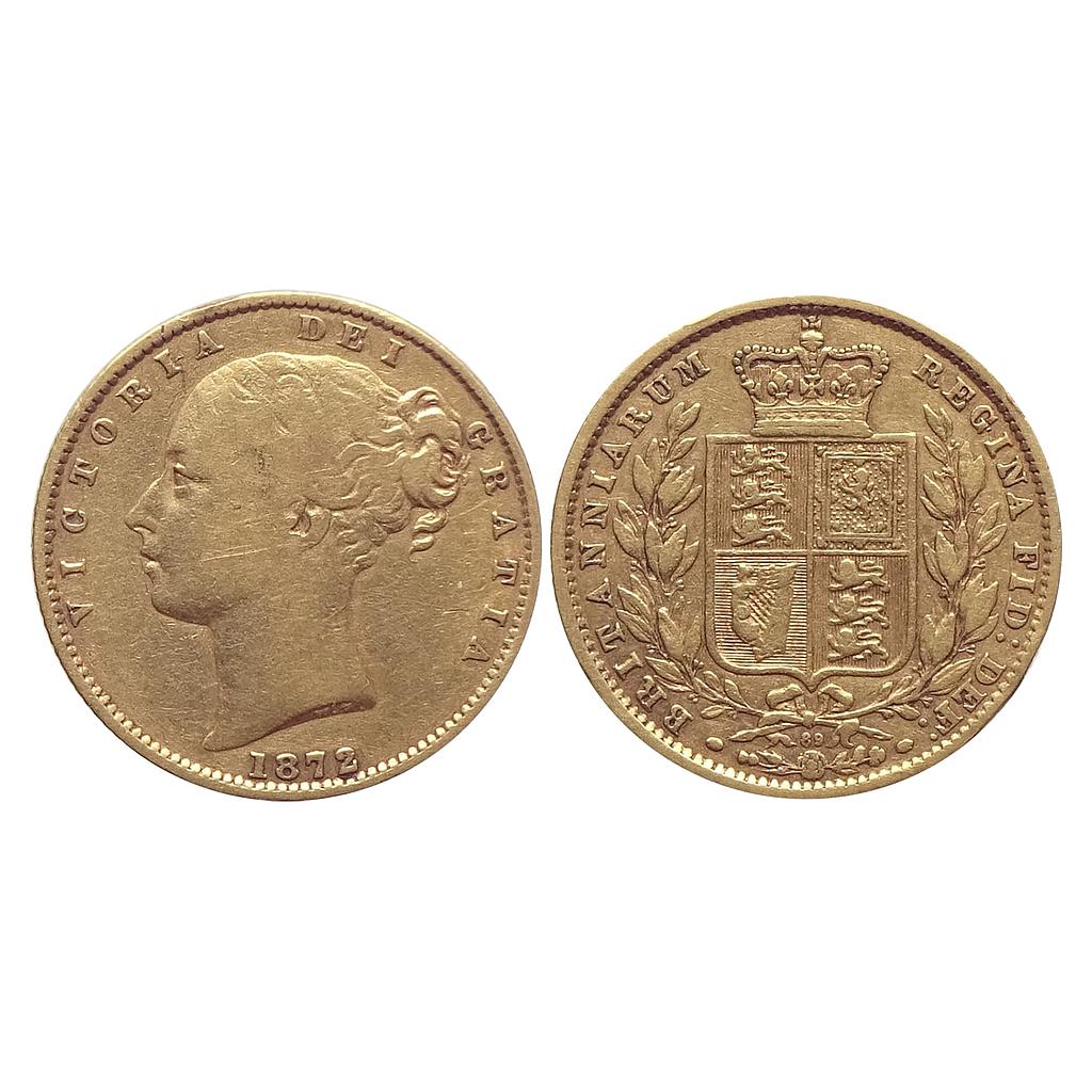 Great Britain Victoria 1872 AD with die number 89 Gold Sovereign