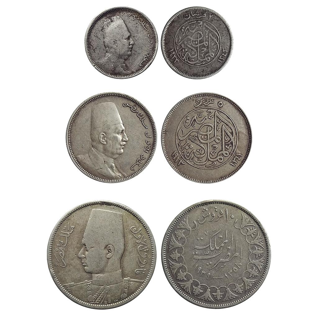 Egyptian Kingdom, 2 Qirsh - Fuad, 5 Qirsh - Fuad, 10 Qirsh - Farouk, Silver set of 3