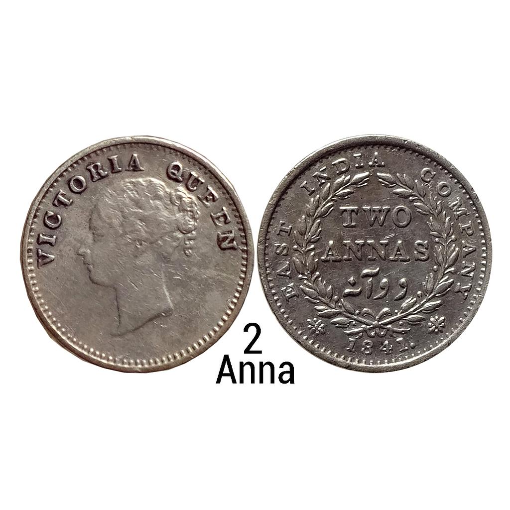 EIC Uniform Coinage Victoria Queen 1841 AD Continuous Legend  Madras Mint Silver 2 Annas