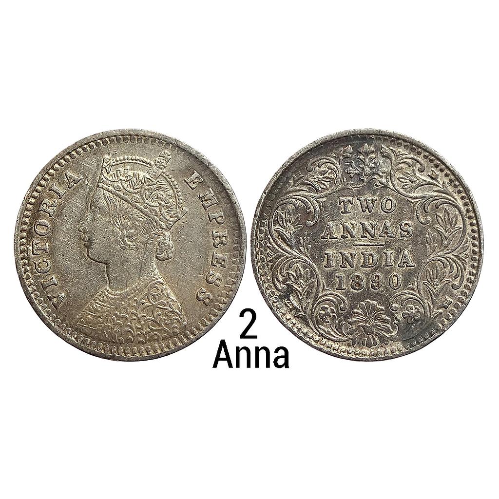British India Victoria Empress 1890 AD Bombay Mint B / II / B raised Silver 2 Annas
