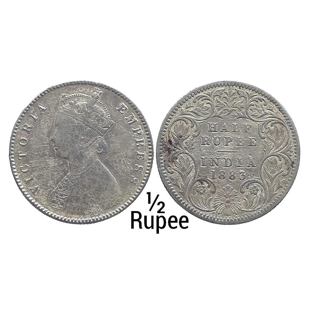 British India Victoria Empress 1883 AD Calcutta Mint A / I / C incuse Silver 1/2 Rupee