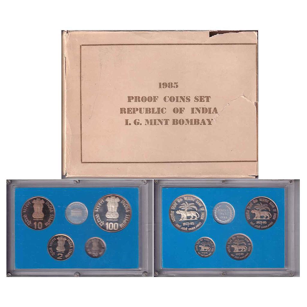 Republic India 1985 AD Proof Set Reserve Bank of India Golden Jubilee Set of 4 Rupee 100 10 2 and 50 Paise