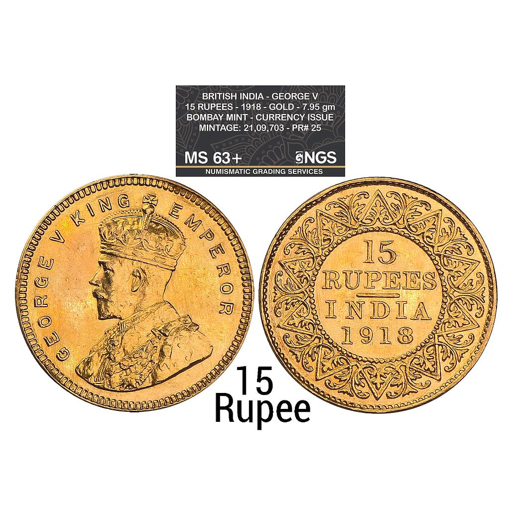 British India George V 1918 AD Bombay Mint Gold 15 Rupees