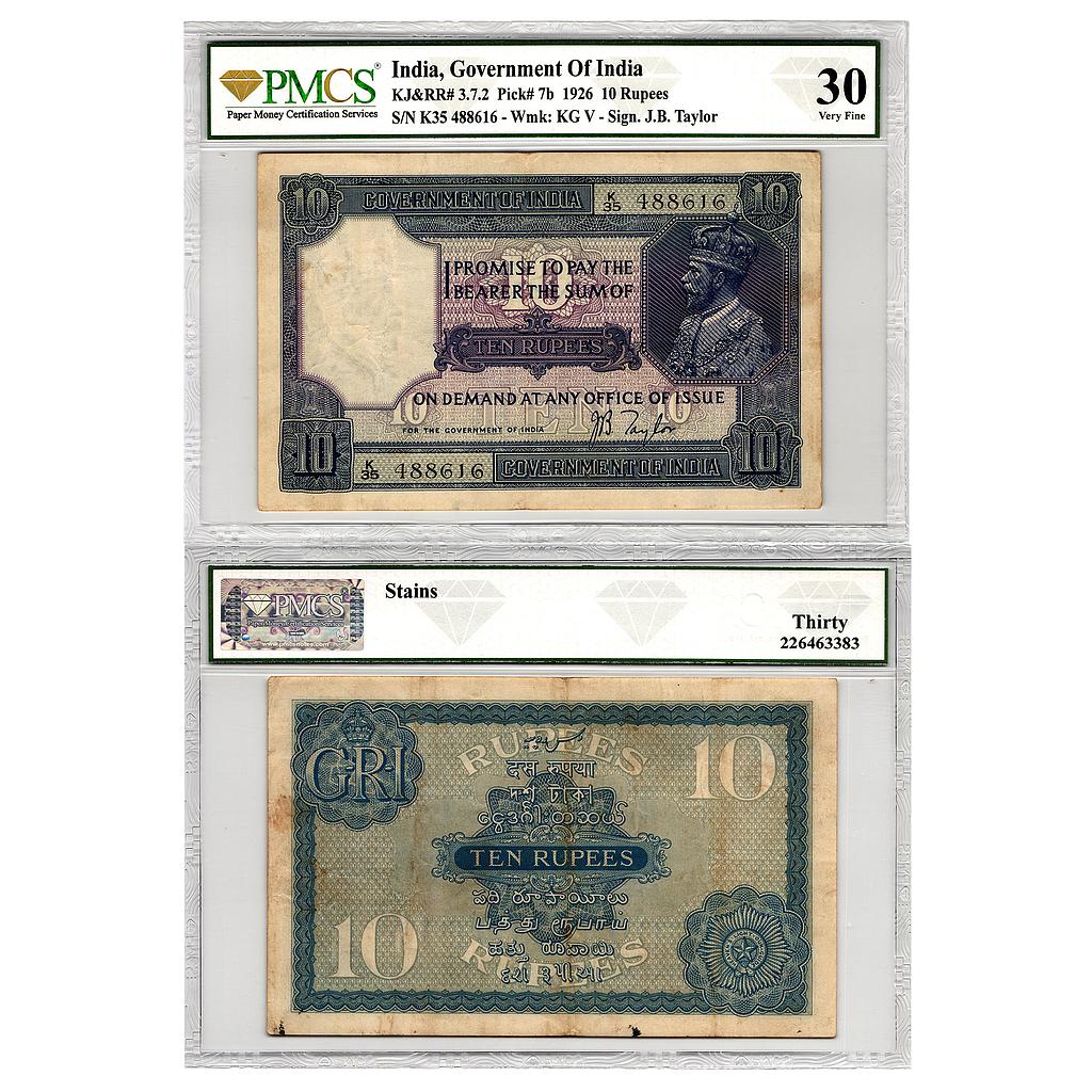 British India George V Signed by J B Taylor 2nd issue Type 7 Serial No K35 488616 10 Rupees