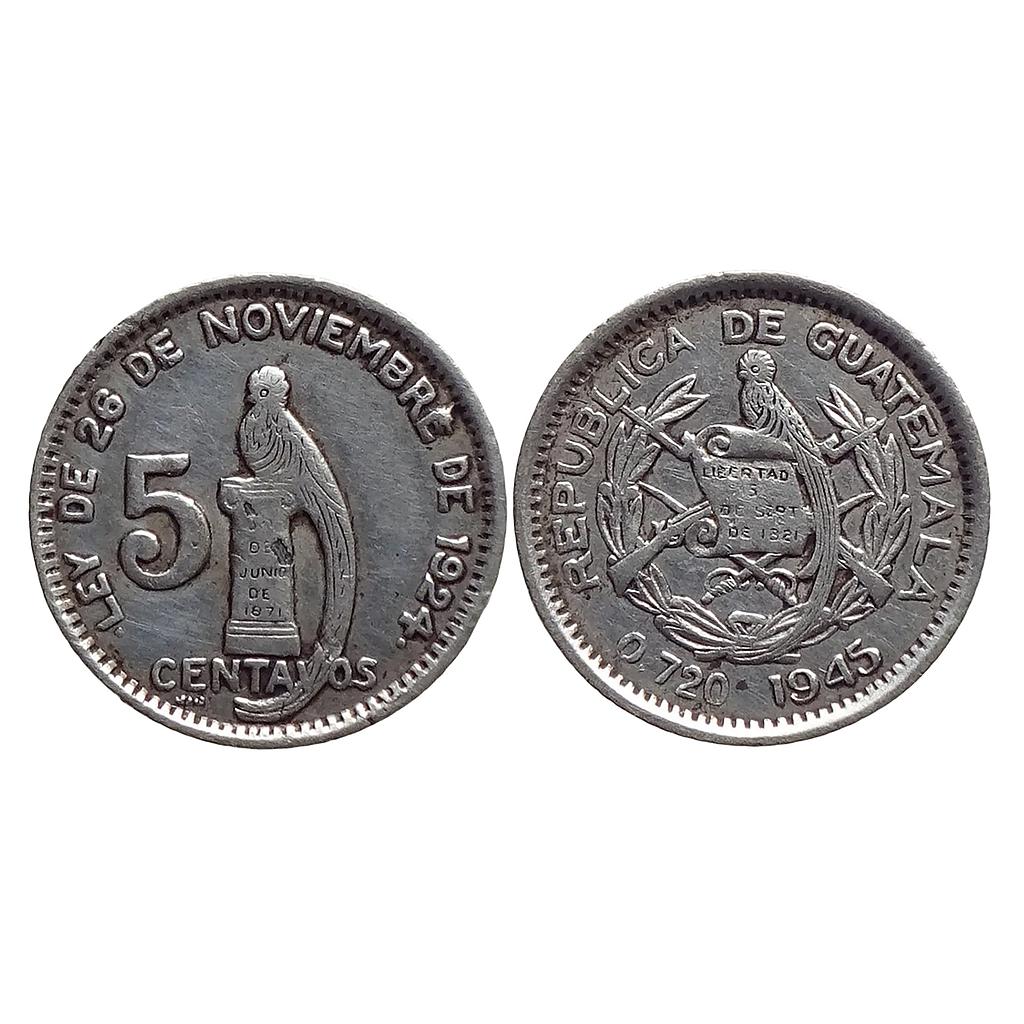 Guatemala Republic 1945 Guatemala City Mint Silver (.720) 5 Centavos