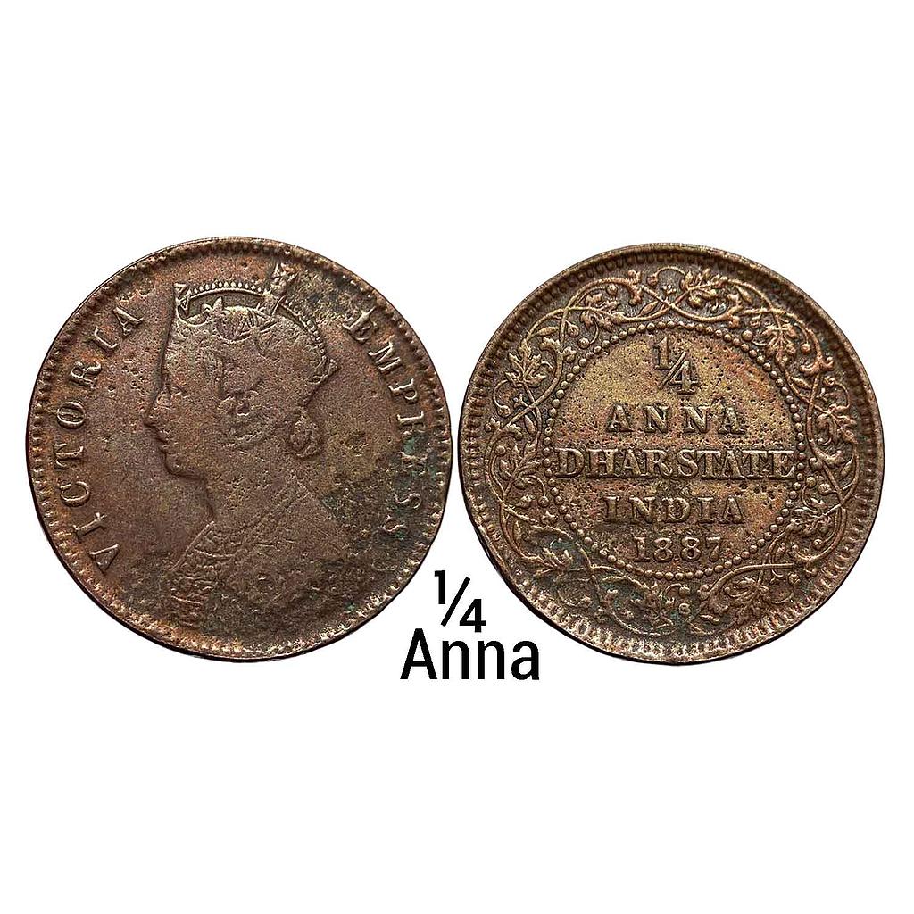 IPS Dhar State Anand Rao III with the name and portrait of Victoria 1887 AD Copper 1/4 Anna
