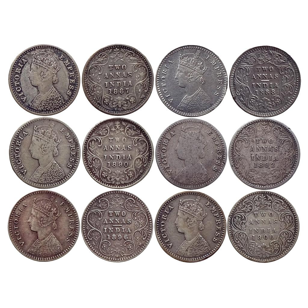 British India Victoria Empress Set of 6 Coins Silver 2 Annas