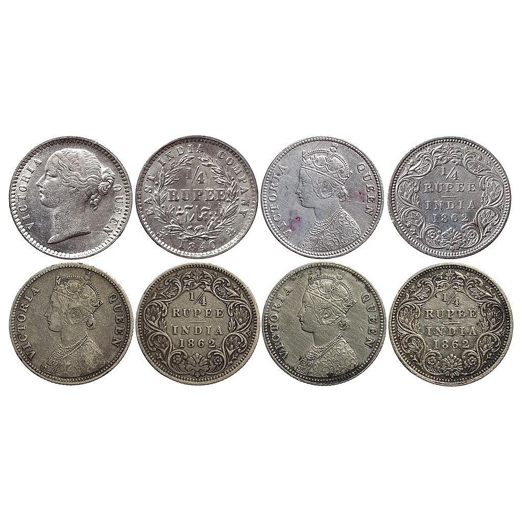 British India Victoria Queen 1840 AD 1862 AD Set of 4 Coins Silver 1/4 Rupee