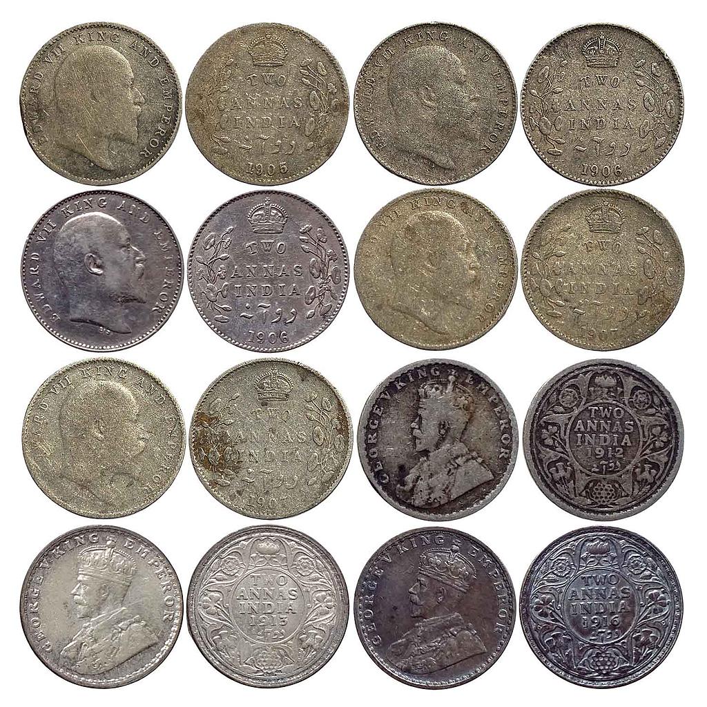 British India Edward VII George V Set of 8 Coins Silver 2 Annas