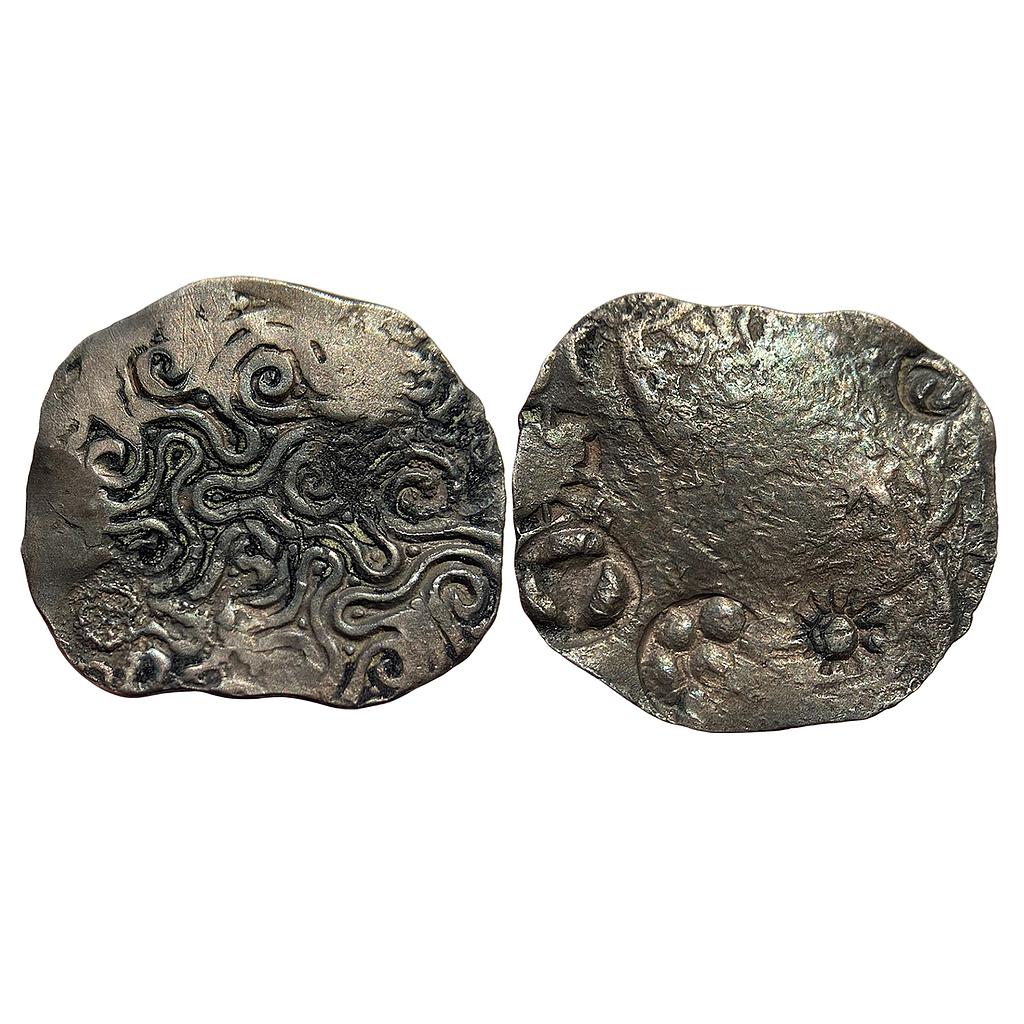 Ancient Punch Marked Coinage Whorl type coin of the Northern Upper Ganga Region Normally Attributed to Early Panchala Silver Vimshatika