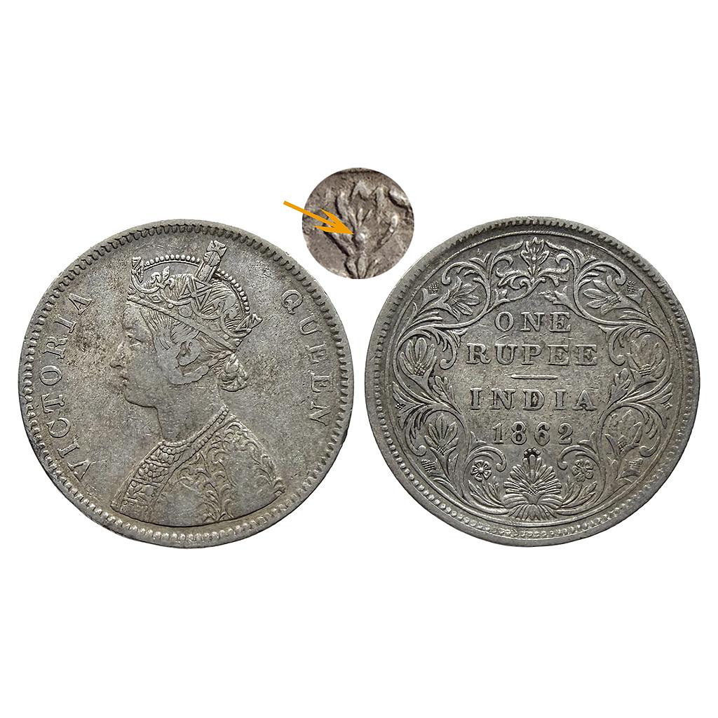 British India Victoria Queen 1862 AD Bombay Mint A / II / 1 / 4 top dot within top flower Silver Rupee