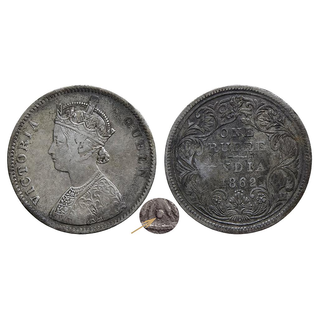 British India Victoria Queen 1862 AD Bombay Mint A / II / 0 / 4 / 1 dots Silver Rupee