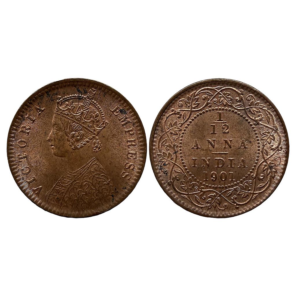 British India Victoria Empress 1901 AD Calcutta Mint Copper 1/12 Anna