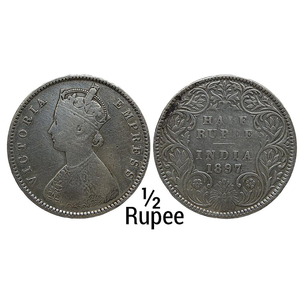 British India Victoria Empress 1897 AD  A / I / B incuse Bombay Mint Silver 1/2 Rupee