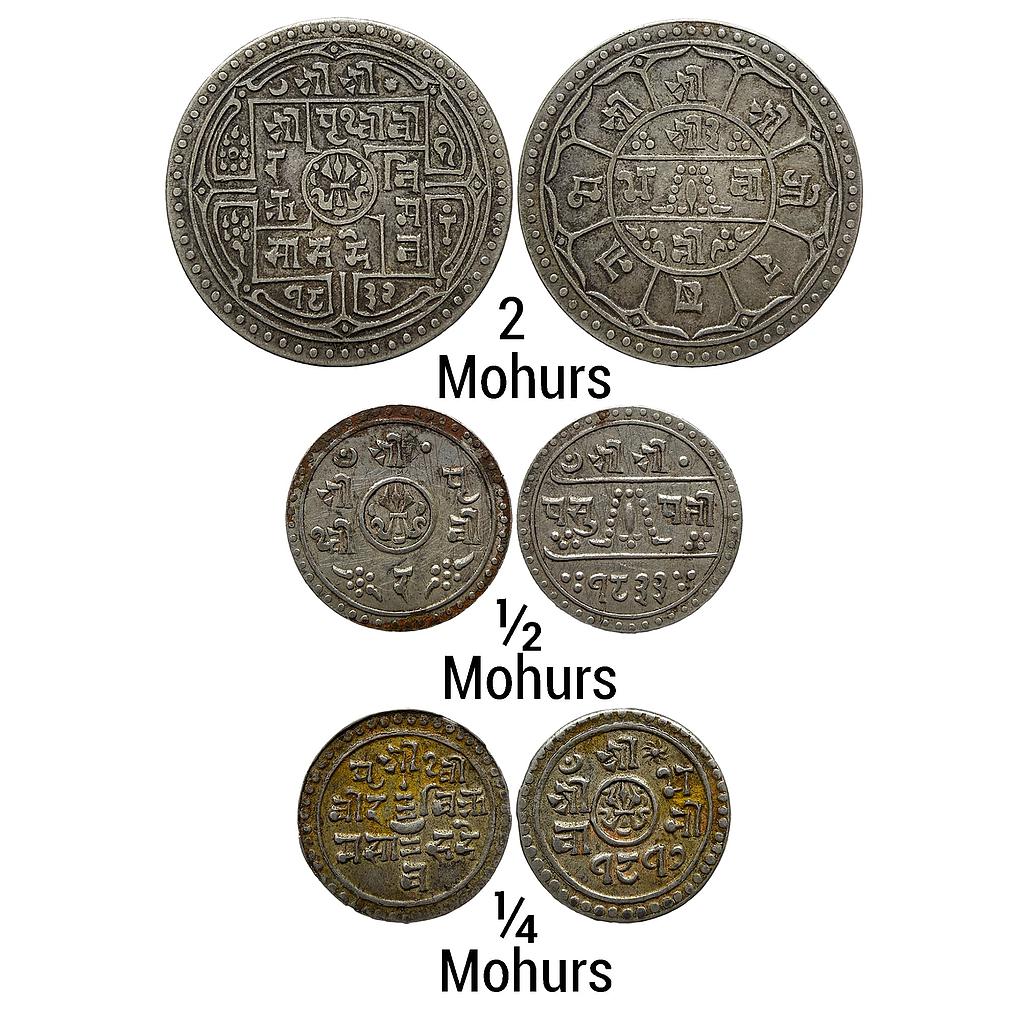 Nepal Shah Dynasty Prithvi Bir Bikram Set of 3 Coins Silver 2 Mohurs 1/2 Mohurs 1/4 Mohurs