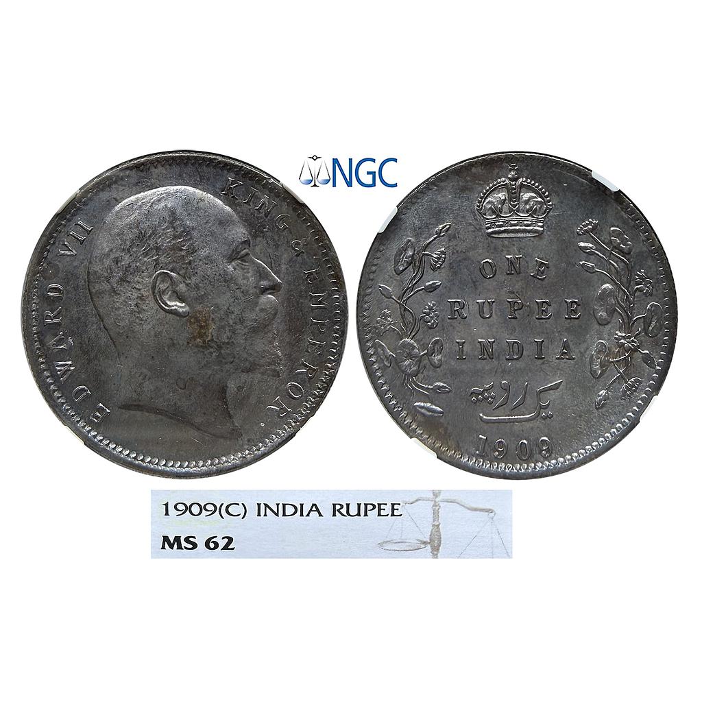 British India Edward VII 1909 AD Calcutta Mint Silver Rupee