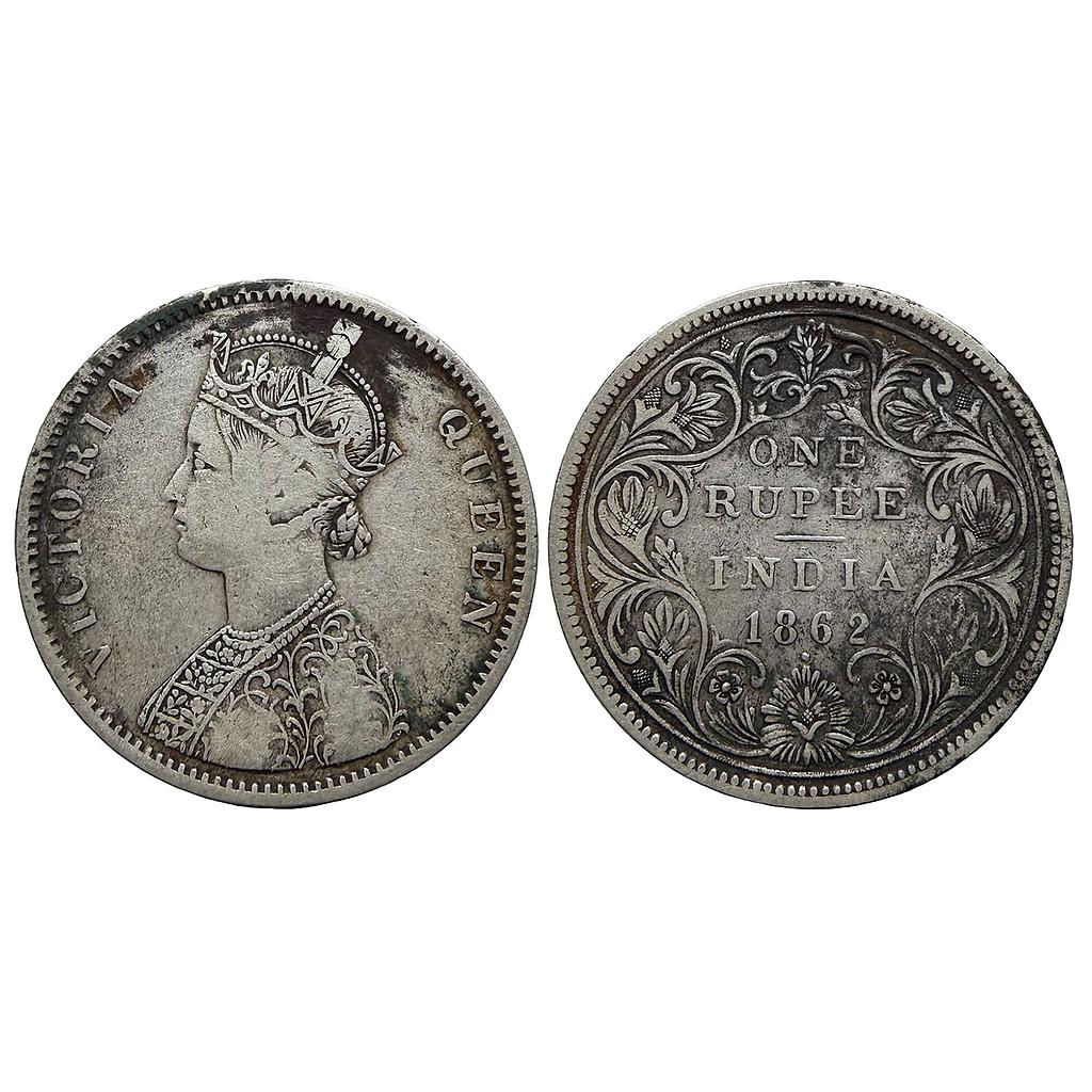 British India Victoria Queen 1862 AD Bombay Mint A / II / 0 / 1 Silver Rupee
