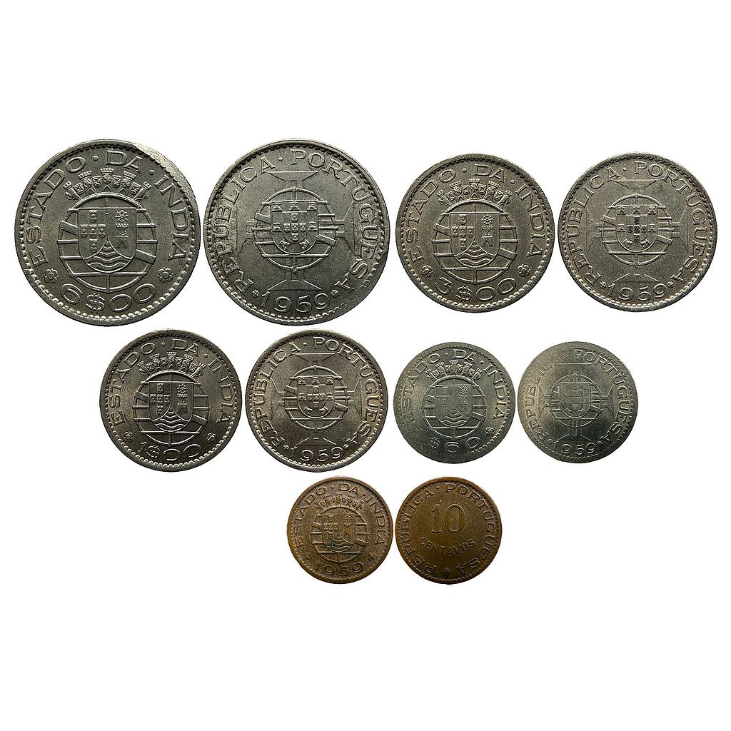 Indo Portuguese Goa Colonial Issue Set of 5 Coins Cupro-Nickel 6 Escudos 3 Escudos Escudo and 60 Centavos Bronze 10 Centavos