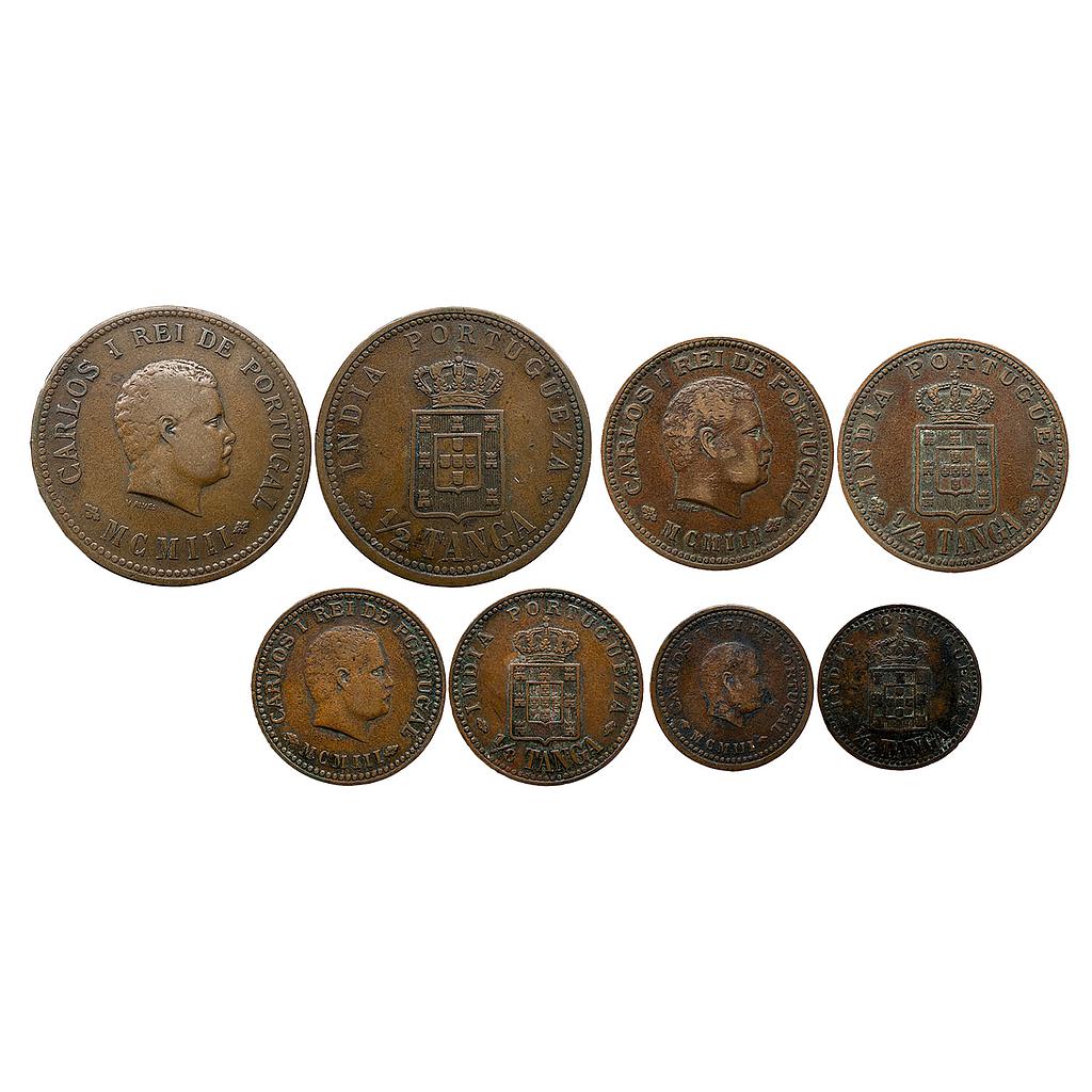 Indo Portuguese Carlos I Set of 4 Coins Copper 1/2 Tanga &amp; 1/4 Tanga &amp; 1/8 Tanga &amp; 1/12 Tanga