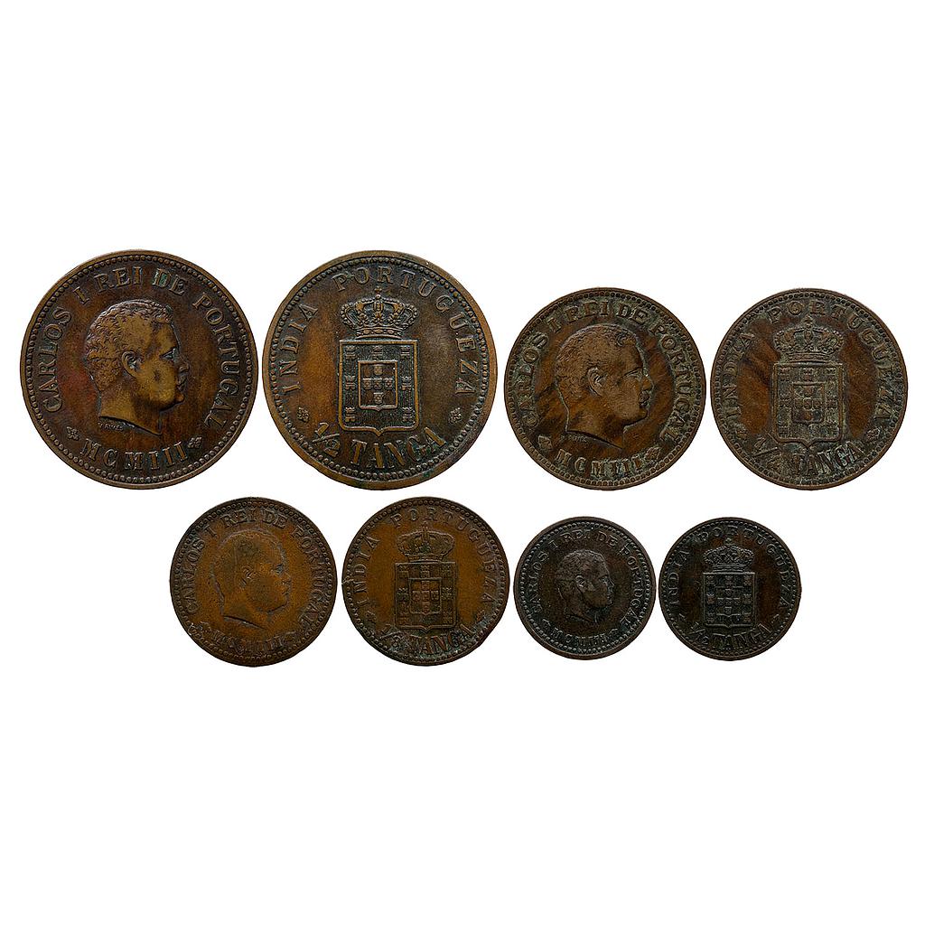 Indo Portuguese Carlos I Set of 4 Coins Copper 1/2 Tanga &amp; 1/4 Tanga &amp; 1/8 Tanga &amp; 1/12 Tanga