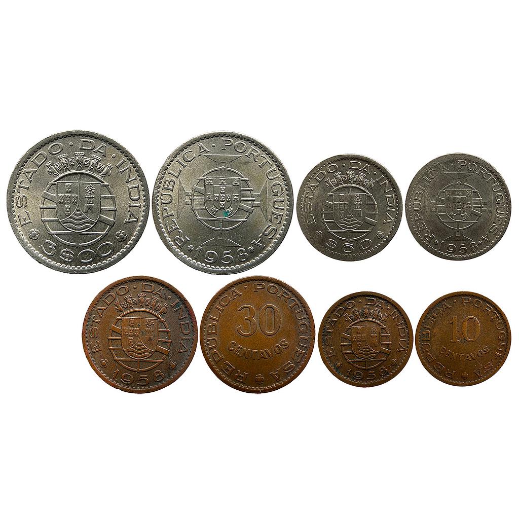 Indo Portuguese Goa Colonial Issue Set of 4 Coins Cupro-Nickel 3 Escudos 60 Centavos Bronze 30 Centavos 10 Centavos