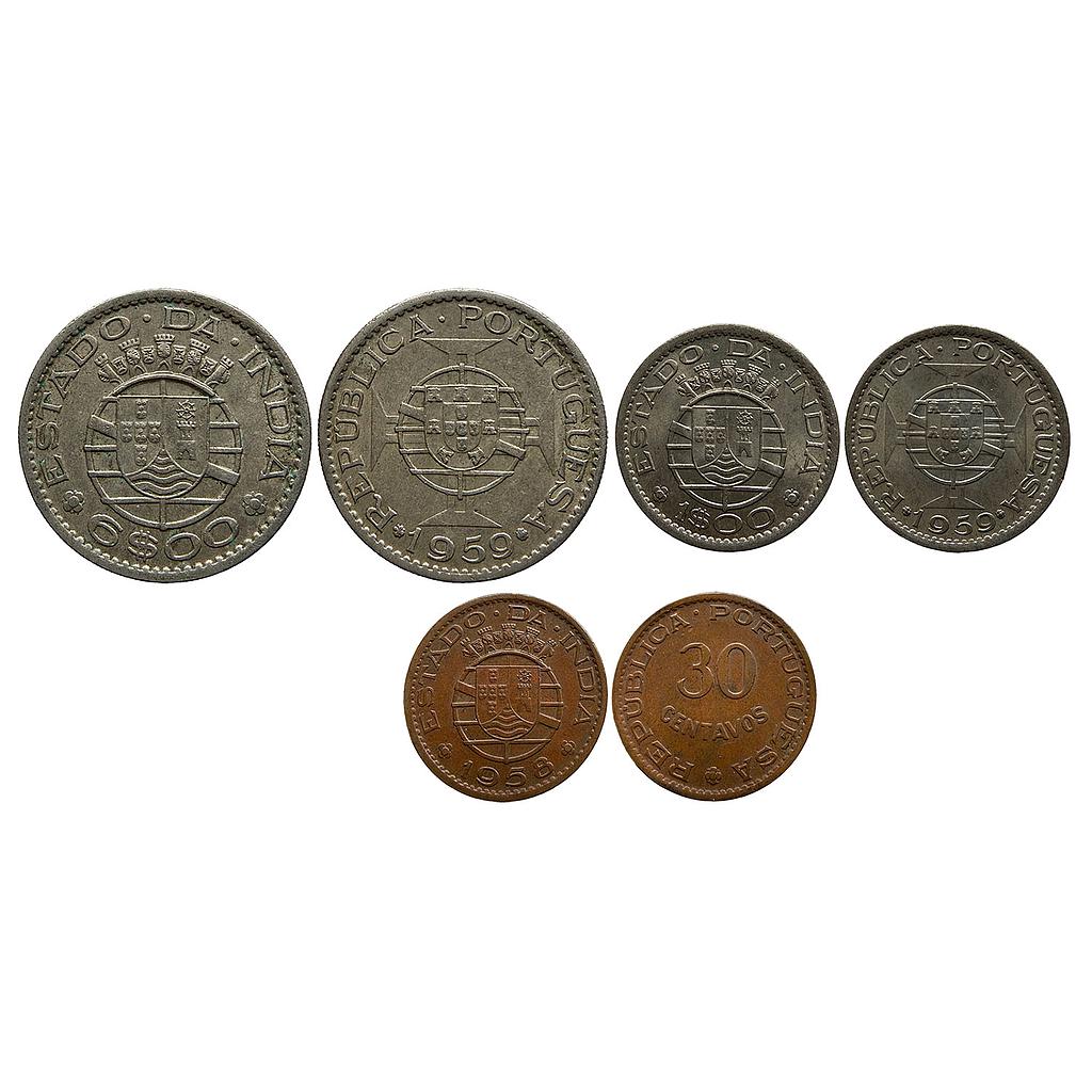 Indo Portuguese Goa Colonial Issue Set of 3 Coins Cupro-Nickel 6 Escudos Escudo Bronze 30 Centavos