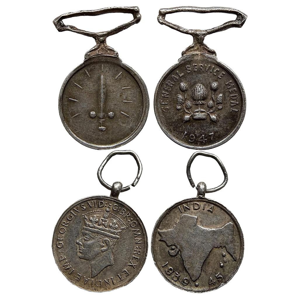 1). Medal Post Independence Miniature General Service Medal 1947 2). George VI 1939-1945 Efficiency Medal Set of 2 Medals Silver Medal