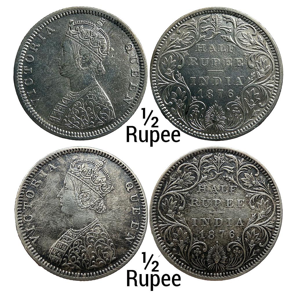 British India Victoria Queen Set of 2 Coins 1876 AD Bombay Mint B2 Rev II with dot Silver 1/2 Rupee