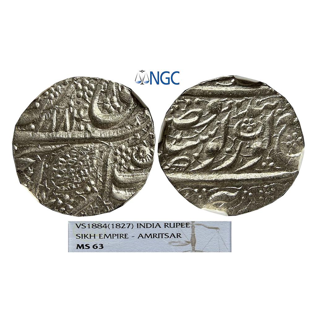 IK Sikh Empire Ranjit Singh VS 1884 Amritsar Mint Nanakshahi Couplet Silver Rupee