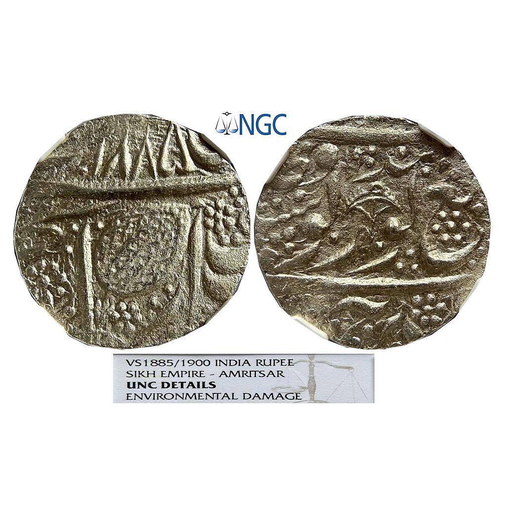 IK Sikh Empire Ranjit Singh VS 1885 Amritsar Mint Nanakshahi Couplet Silver Rupee