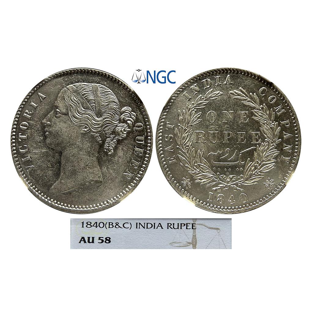 EIC Victoria Queen 1840 AD B&amp;C Divided Legend 28 Berry Silver Rupee