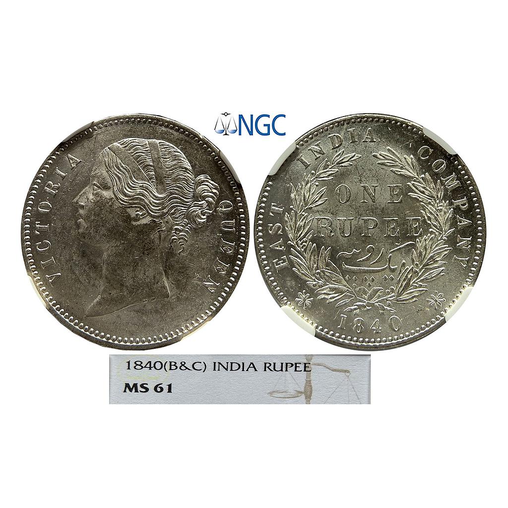 EIC Victoria Queen 1840 AD B&amp;C Divided Legend 28 Berry Silver Rupee