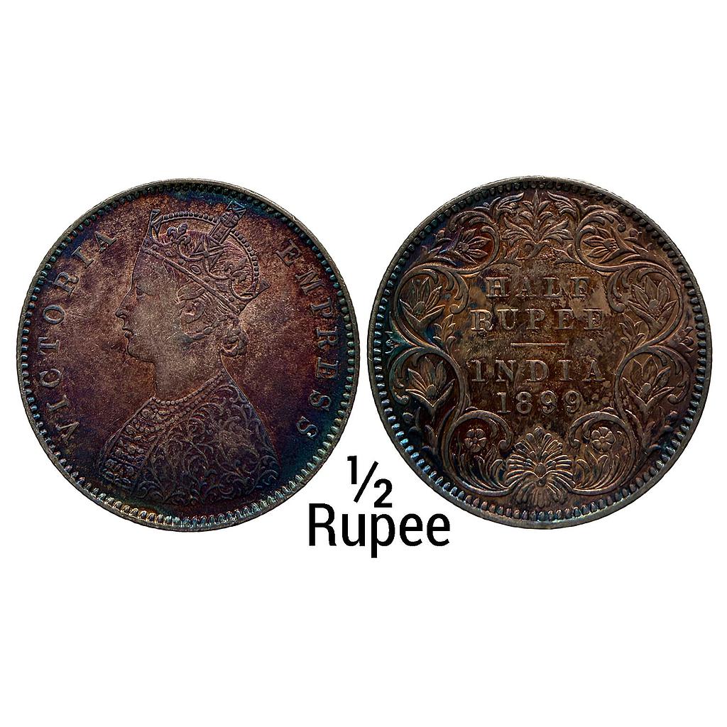 British India Victoria Empress 1899 AD Calcutta Mint 1899 AD Obv A Rev I C Incuse Silver 1/2 Rupee